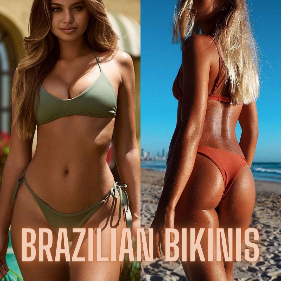 Brazilian bikinis in different colors and patterns.