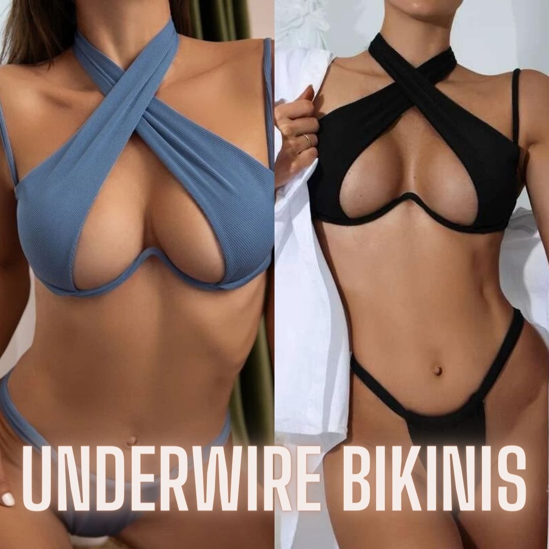 Underwire bikinis tops for women available in black, white, red, blue, and neon. Underwired swimwear printed in leopard, zebra, and snakeskin.