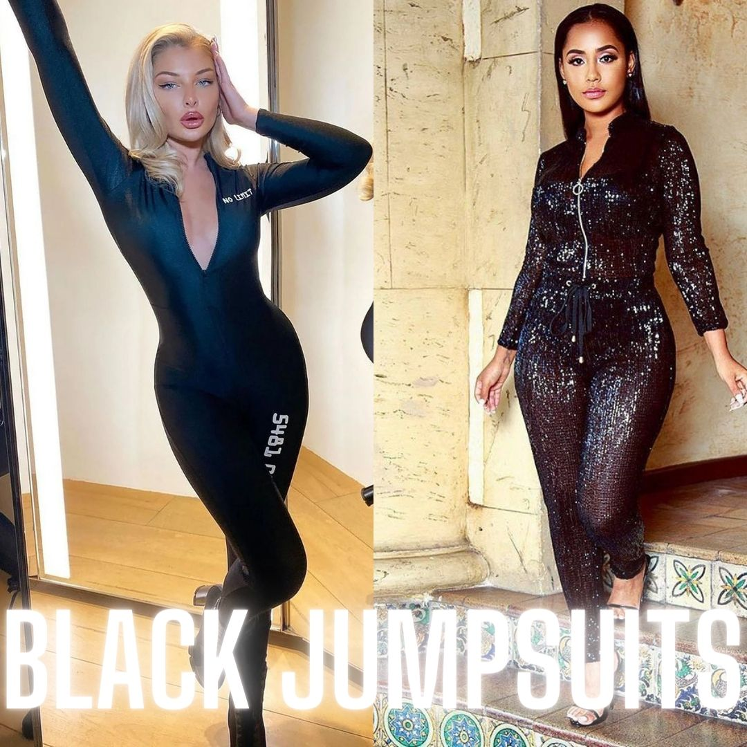 Women's black jumpsuits in different pattern and sleeve lenght
