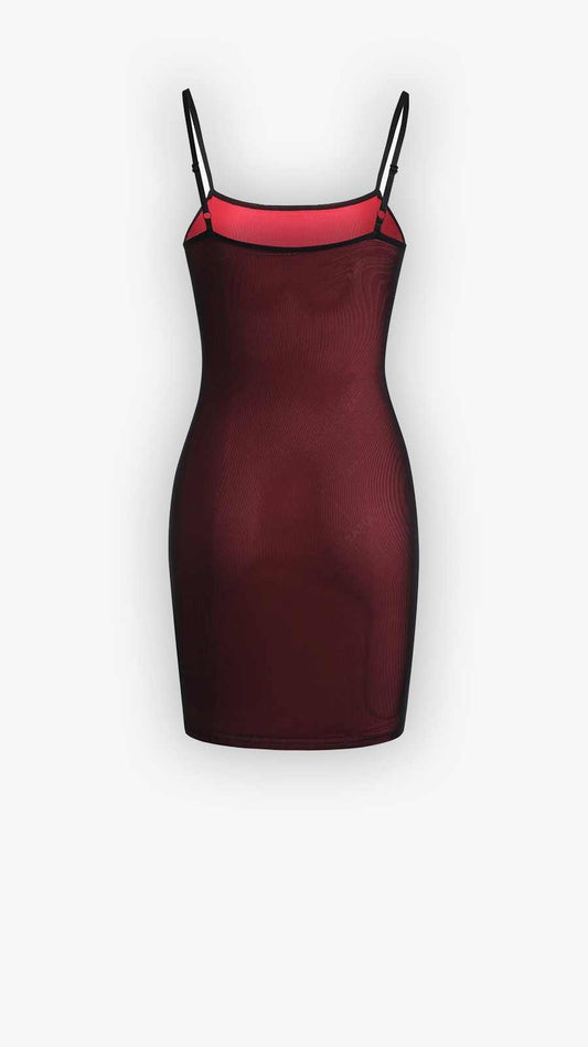 Red Mesh Overlay Spaghetti Straps Slit Mini Dress