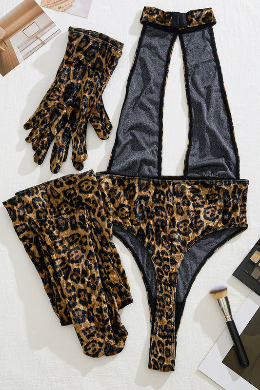 Halterneck Cut Out Backless Leopard Bodysuit With Gloves