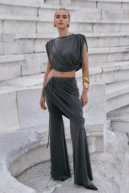 Gray Draped Cutout Two Piece Set with Flared Pants