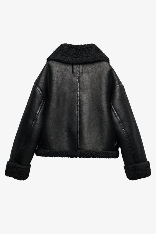 Black Leather Shearling Womens Jacket