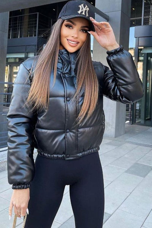Black Puffer Windbreaker Faux Leather Crop Jacket Coats & Jackets