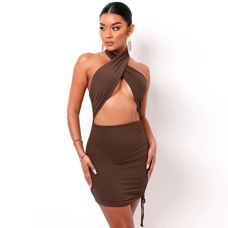 Brown Halter Wrap Ruched Cutout Mini Dress | IRHAZ Brown Halter Wrap Ruched Cutout Mini Dress | IRHAZ