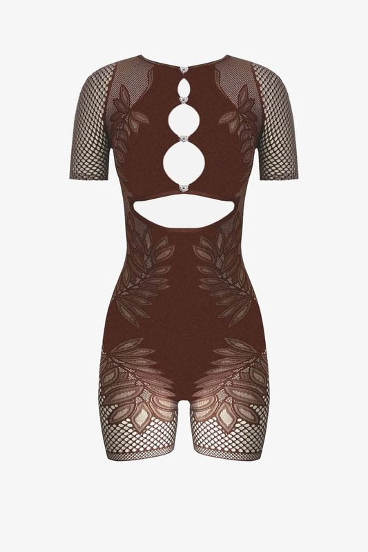 Brown Short Sleeve Cutout Romper