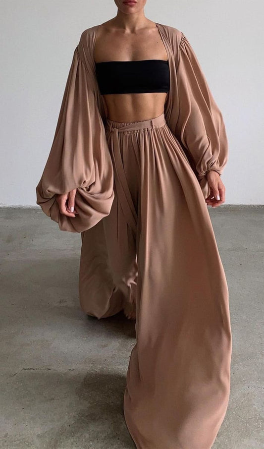 Brown Wide Leg Palazzo Pants And Beach Kimono Set S / Outfit Sets