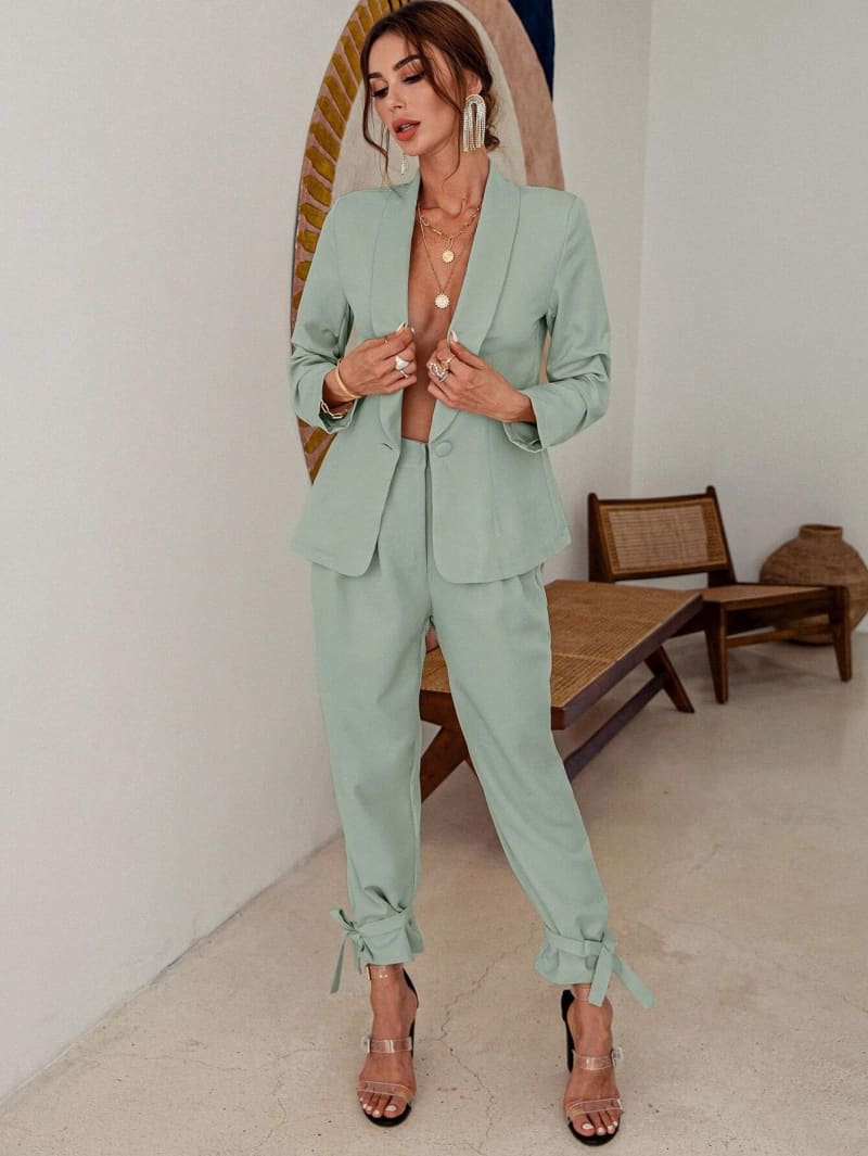 Green High Waisted Ankle Tie Pants & Blazer Set L / Green Green High Waisted Ankle Tie Pants & Blazer Set L / Green