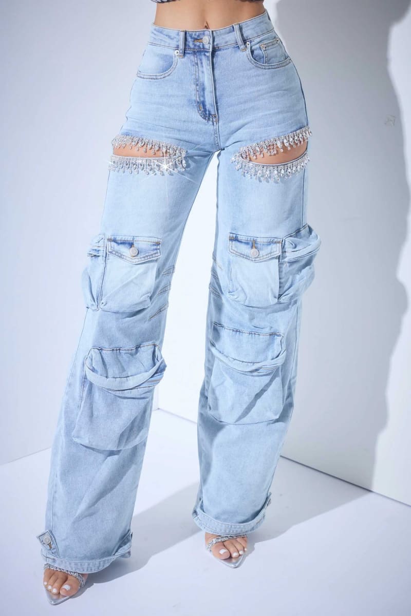 Light Blue Acid Wash Cutout Cargo Jeans Blue / S pants