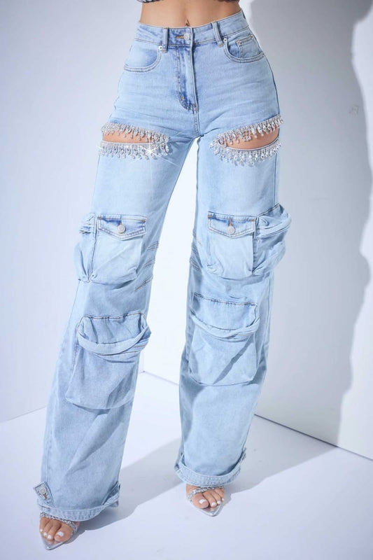 Light Blue Acid Wash Cutout Cargo Jeans Blue / S pants