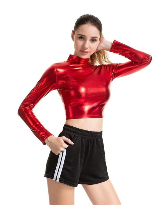 Metallic Long Sleeve Punk Rave Crop Top-Red Shirt