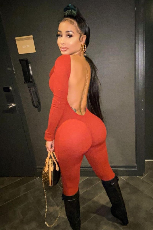 Long Sleeve Backless Stacked Jumpsuit in Orange