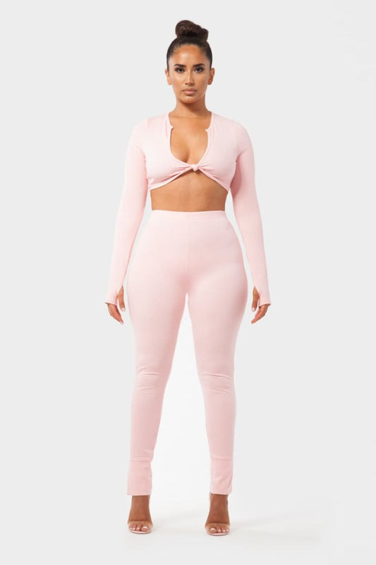 Pink Front Tie Crop Top And High Waist Pant Set Set