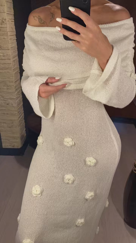 White Off Shoulder Knit Maxi Dress with 3D Floral Appliqués