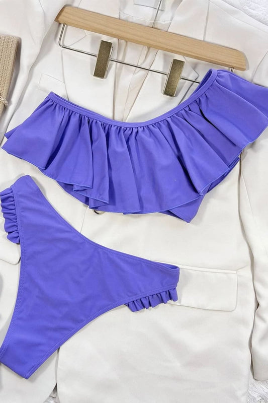 Purple One Shoulder Ruffle Bikini Set