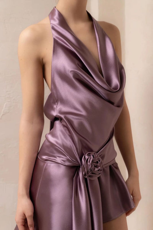 Purple Satin Draped Mini Dress