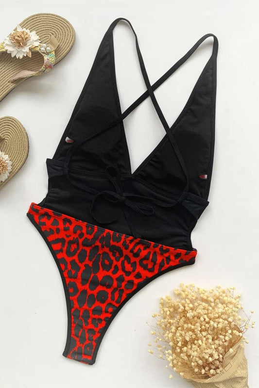 Red Leopard High Cut One Piece Swimsuit Monokini