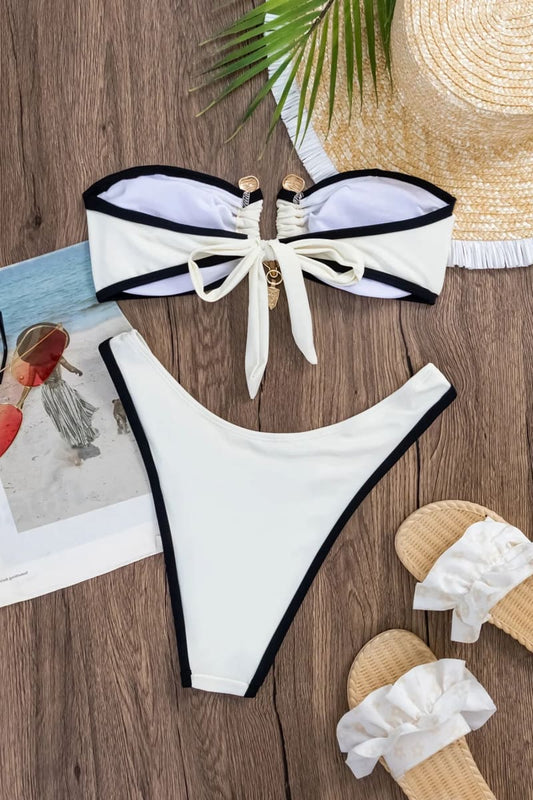 Stylish White High Leg Bikini Set with Black Edging and Central Knot Design