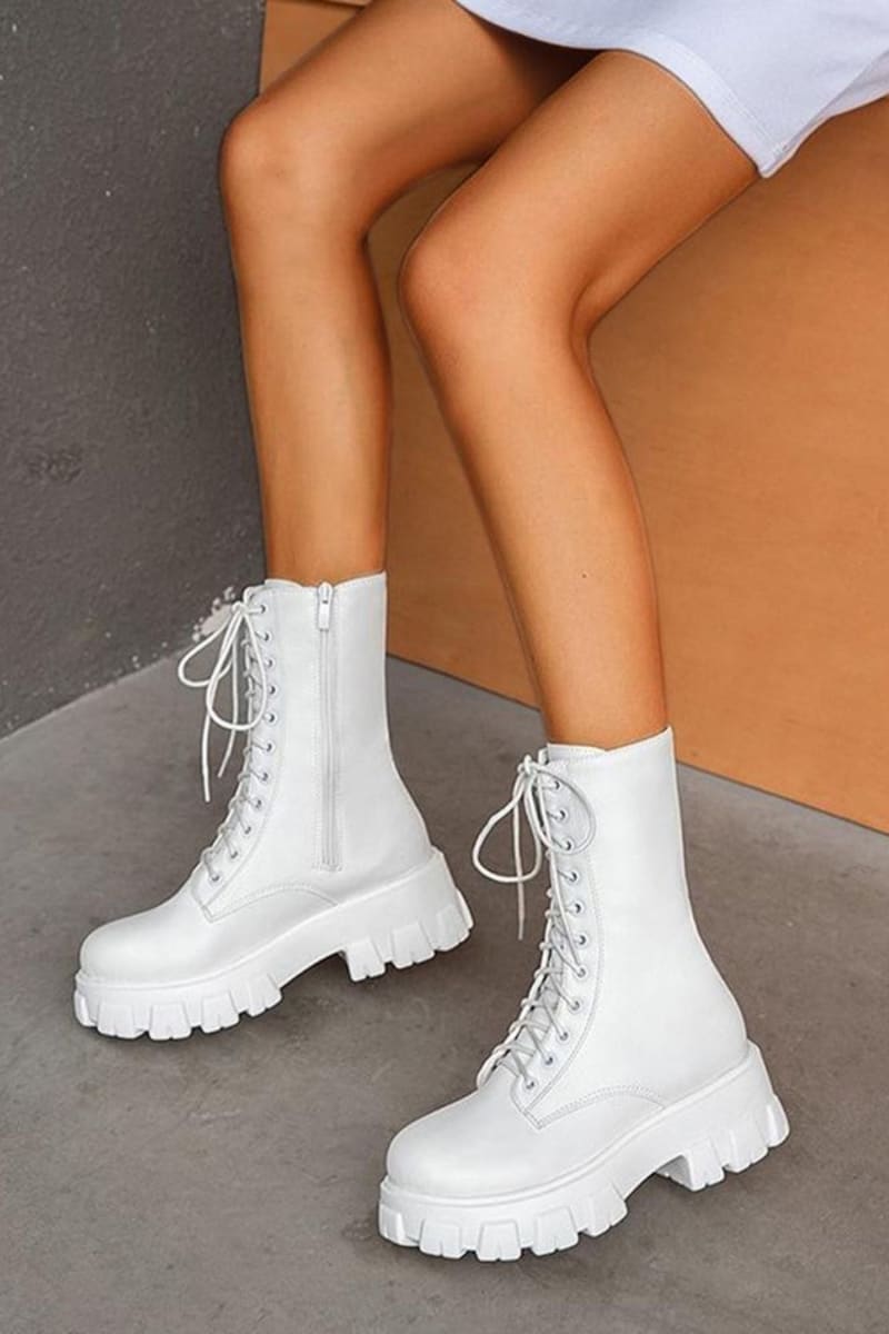 White Lace Up Mid Calf Boots IRHAZ