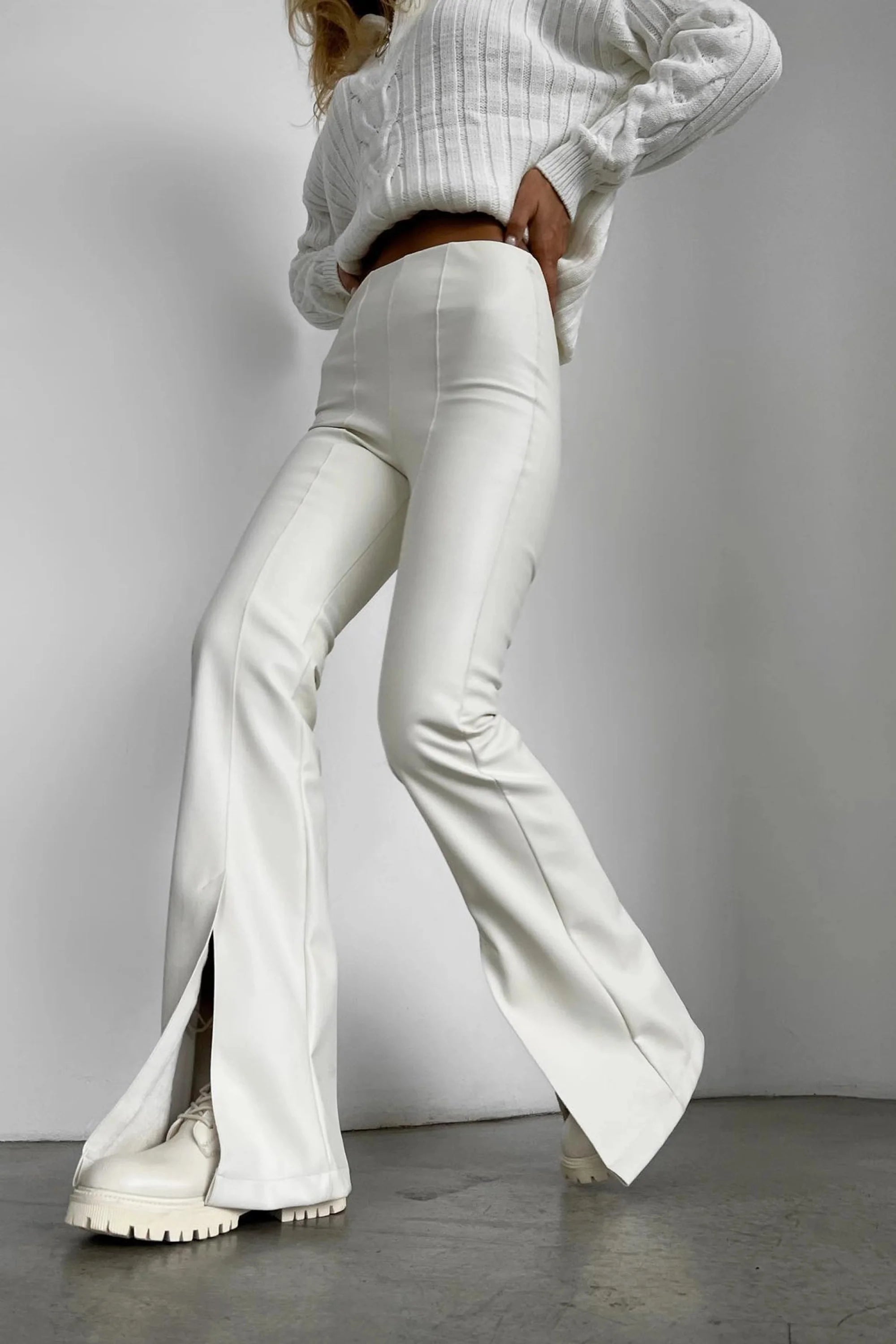 White Split Hem Flare Leather Pants - White / S