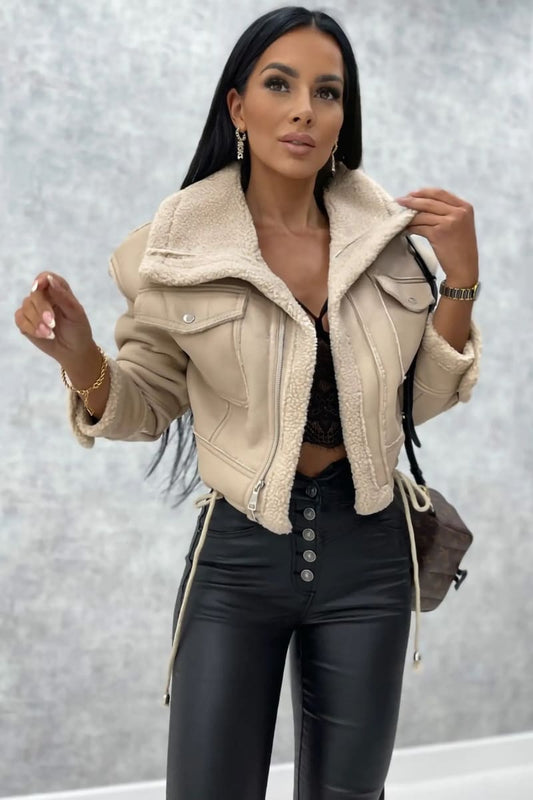 Women's Beige Leather Shearling Aviator Cropped Jacket