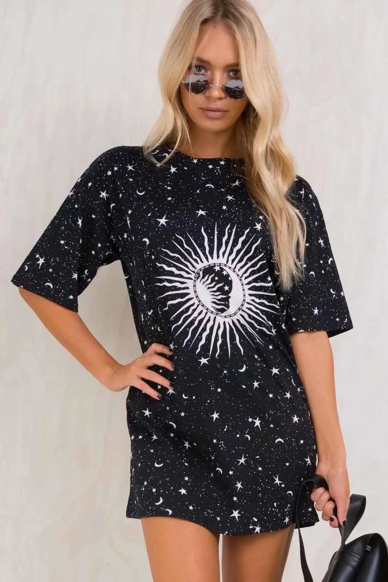 Women s Black Oversized Crewneck Moon And Stars T shirt Dress S Black
