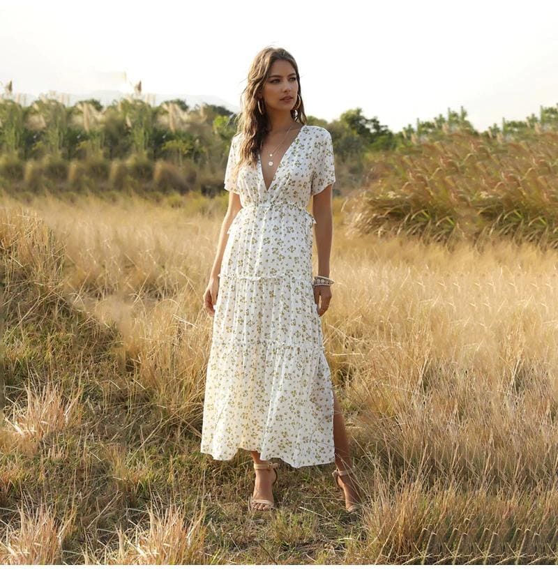 Women's Short Sleeve Boho Flower Maxi Dress | IRHAZ White / XL Women's Short Sleeve Boho Flower Maxi Dress | IRHAZ White / XL