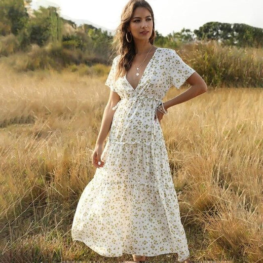 White Long Dress Women Elegant Floral Ruffle Sexy Deep V Neck Slit / S Dress