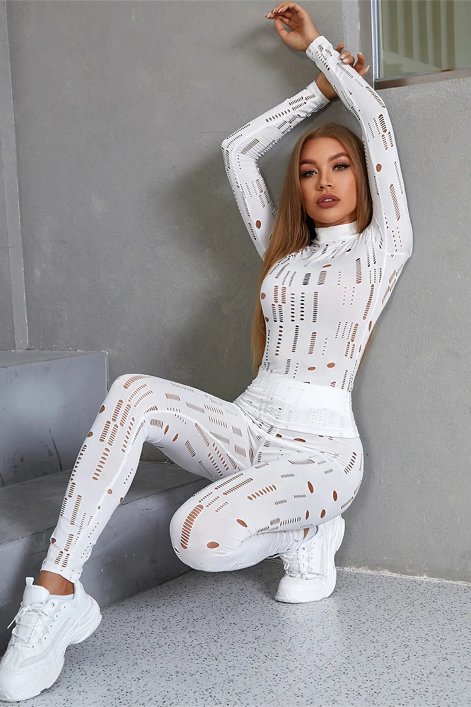 White Long Sleeve Cut Out Top & Ripped Leggings Set - White / S