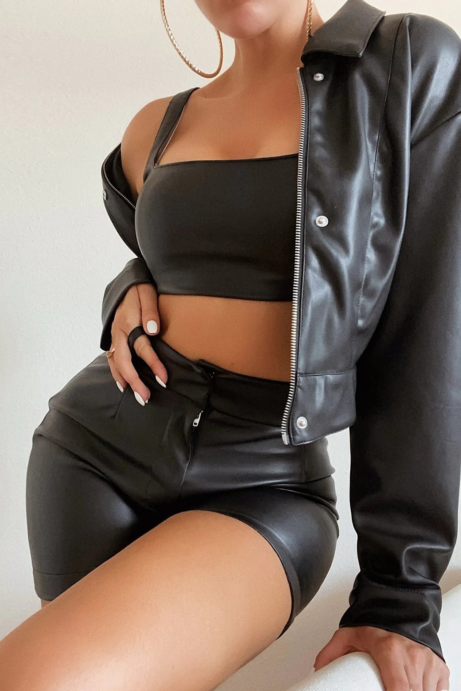 Black Leather High Waisted Shorts & Crop Top Set – IRHAZ