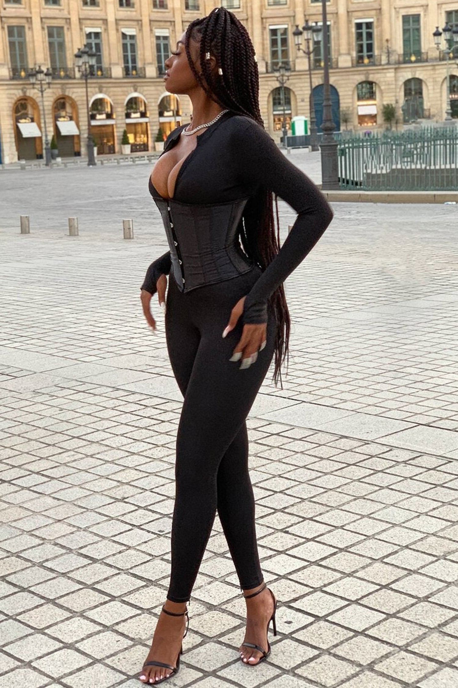 Black Long Sleeve Corset Jumpsuit - S / Black