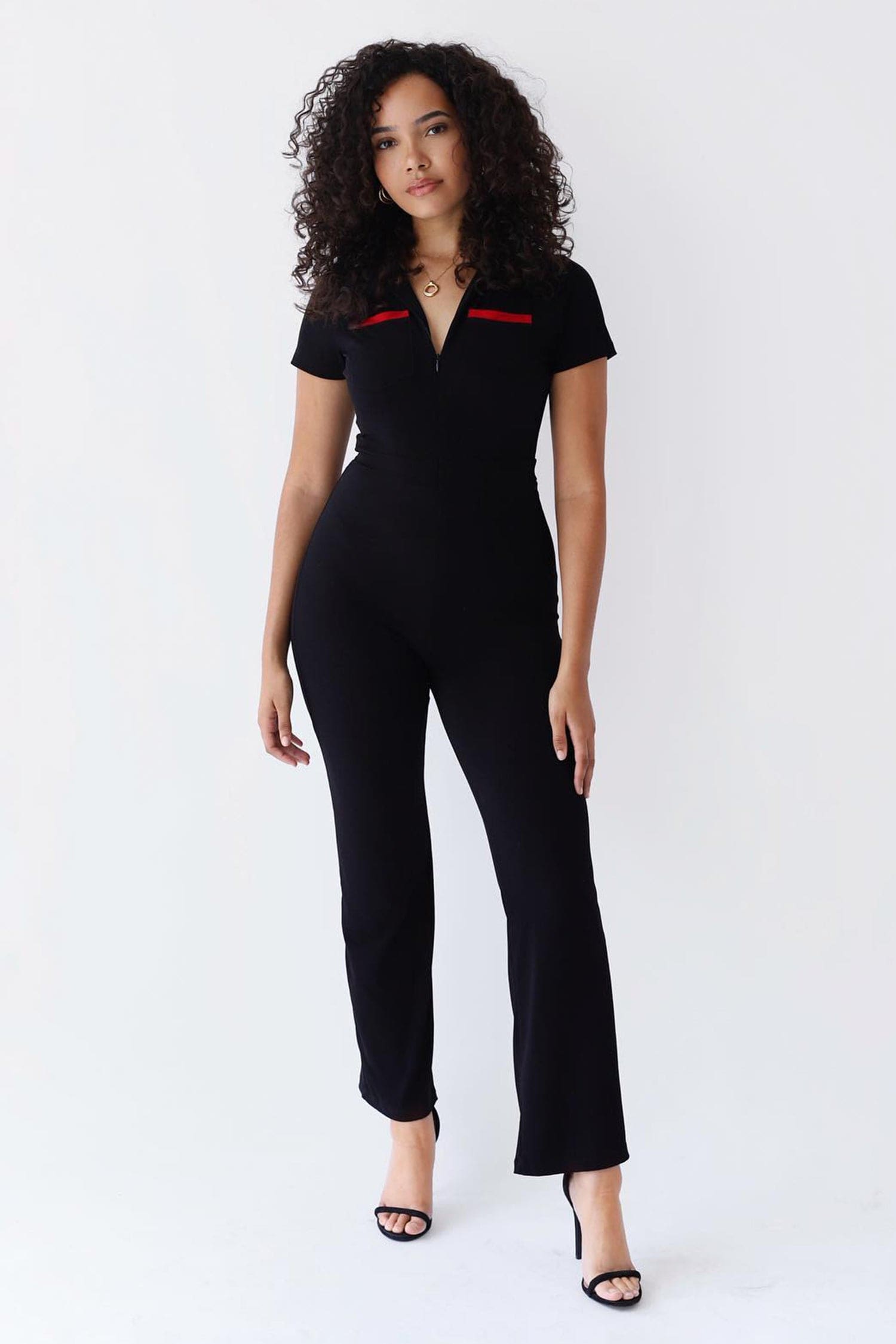 Black Polo Short Sleeve Velvet Jumpsuit - M / Black
