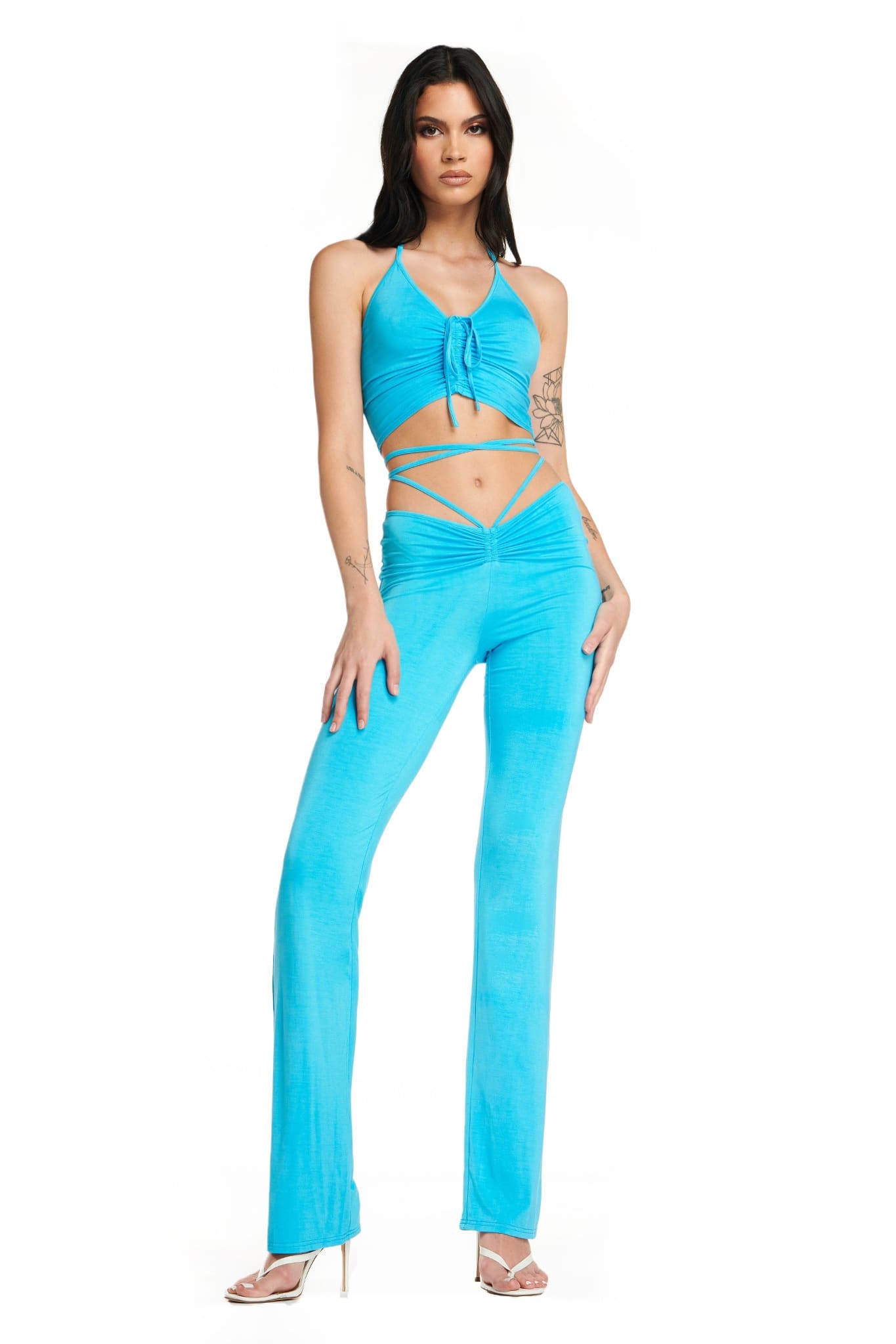 Blue Lace-Up Ruched Flare Pants & Halter Crop Top - S / Blue