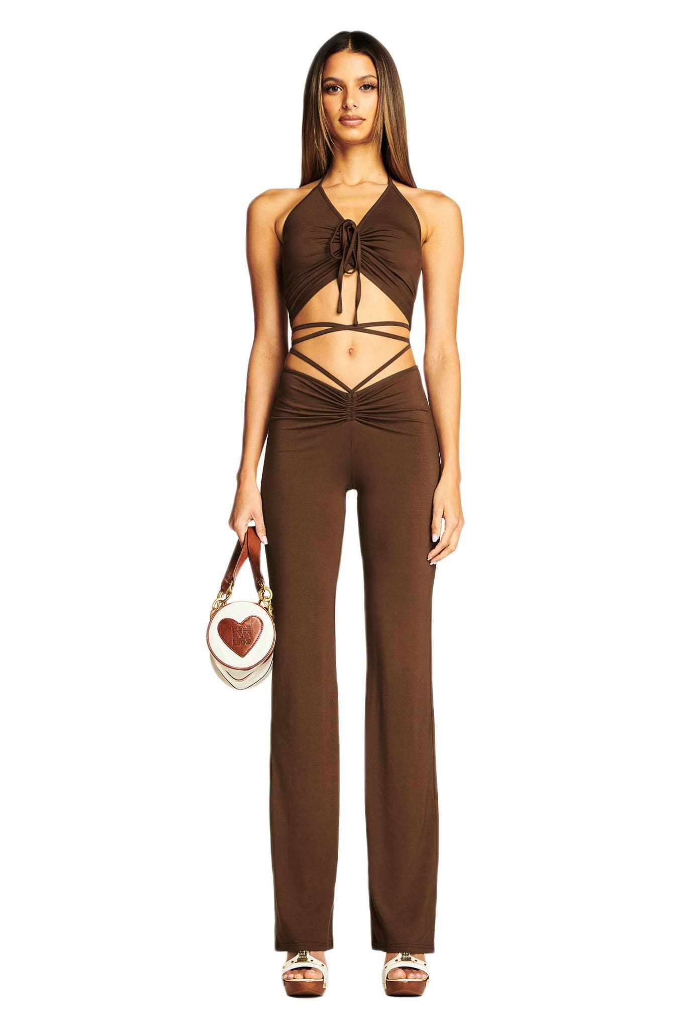 Brown Lace-Up Ruched Flare Pants & Halter Crop Top - S / Brown