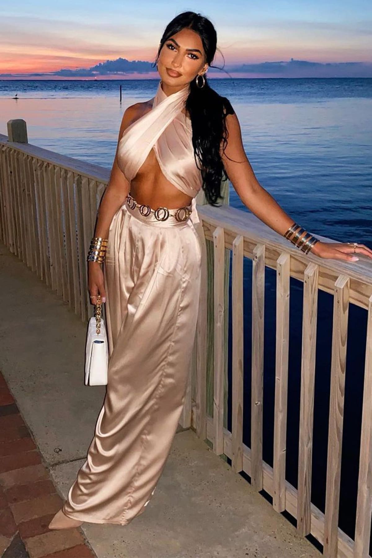 Champaign Halter Wrap Top And Palazzo Satin Pants Set - Champagne / S