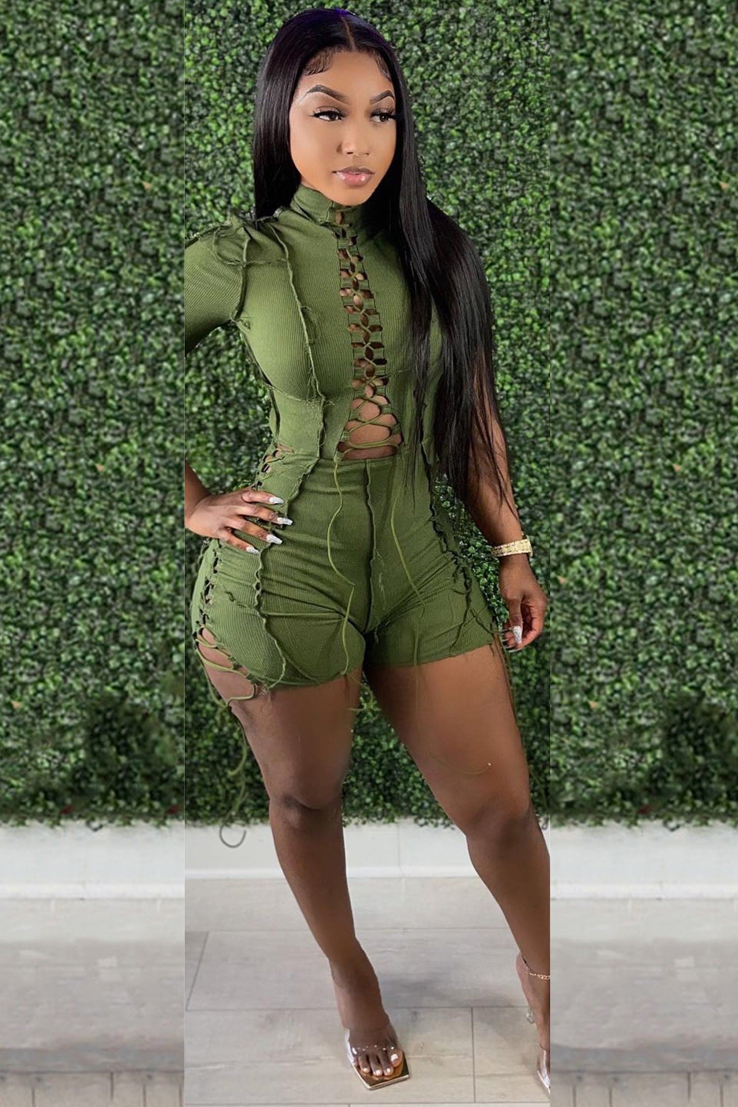 Green Lace Up Short Sleeve Contrast Stitch Bodycon Romper - green / S