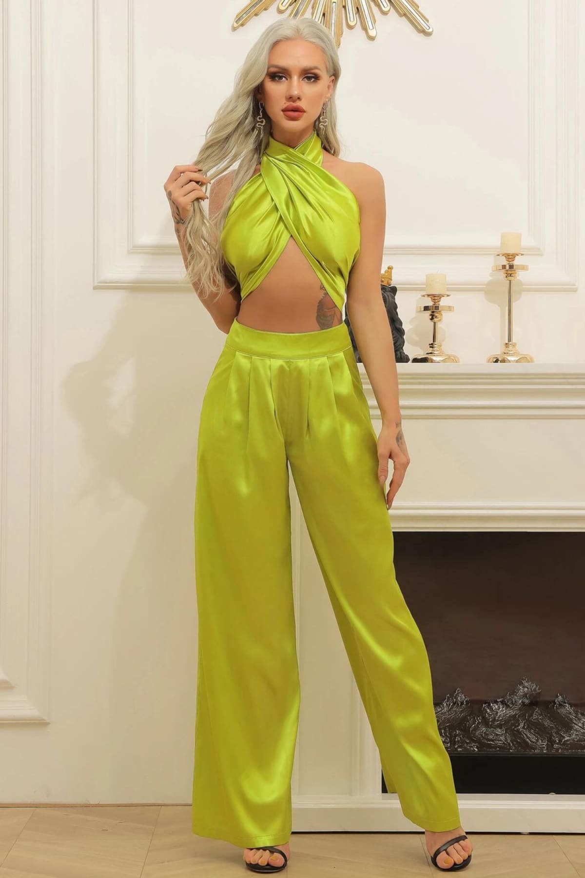 Lime Green Halter Wrap Top And Palazzo Satin Pants Set – IRHAZ