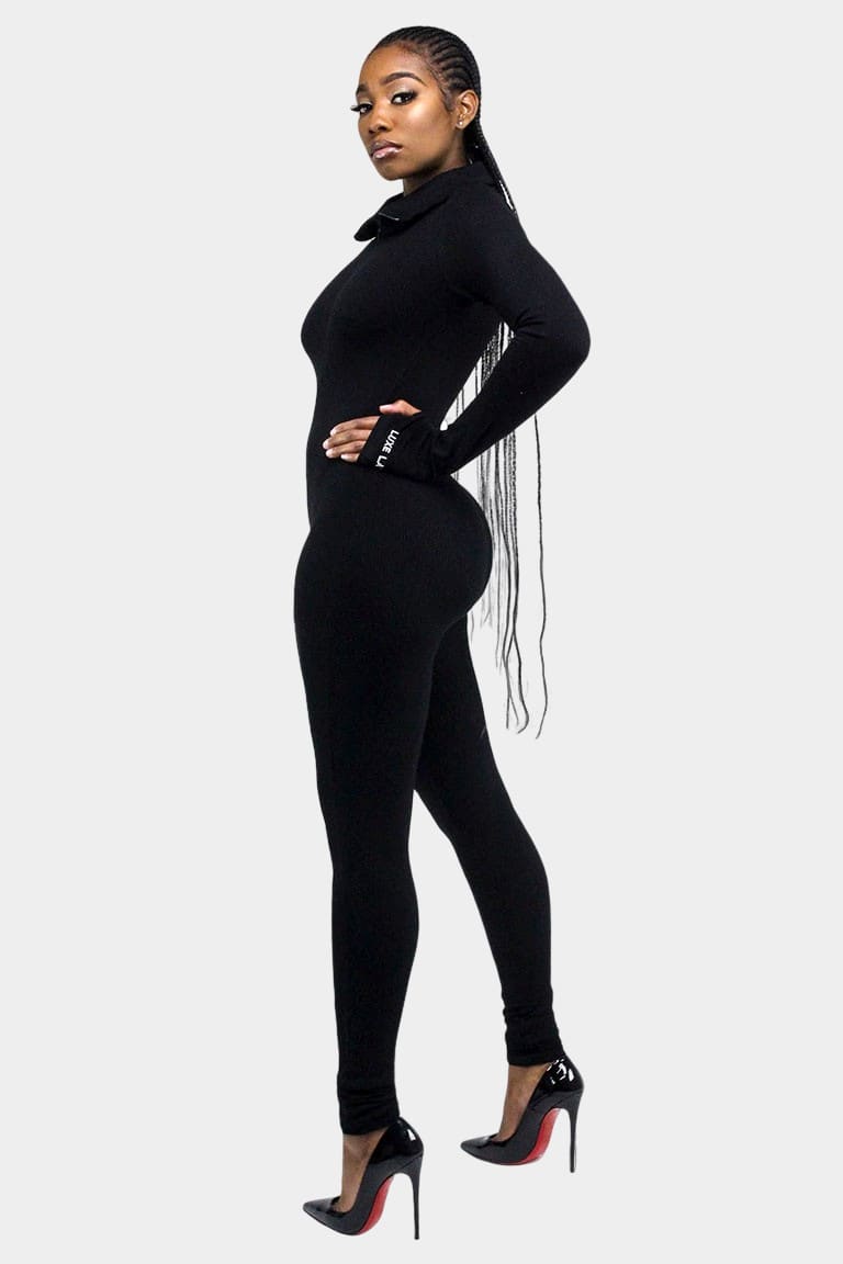 Long Sleeves High Neck Jumpsuit-black - M / Black