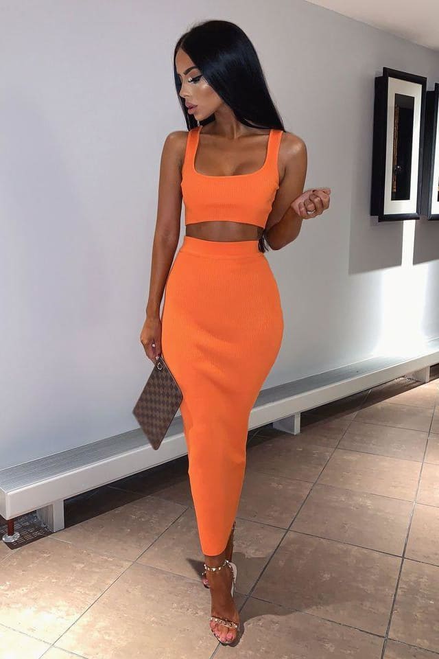 Neon Orange Ribbed Maxi Two Piece Crop Top Skirt Set