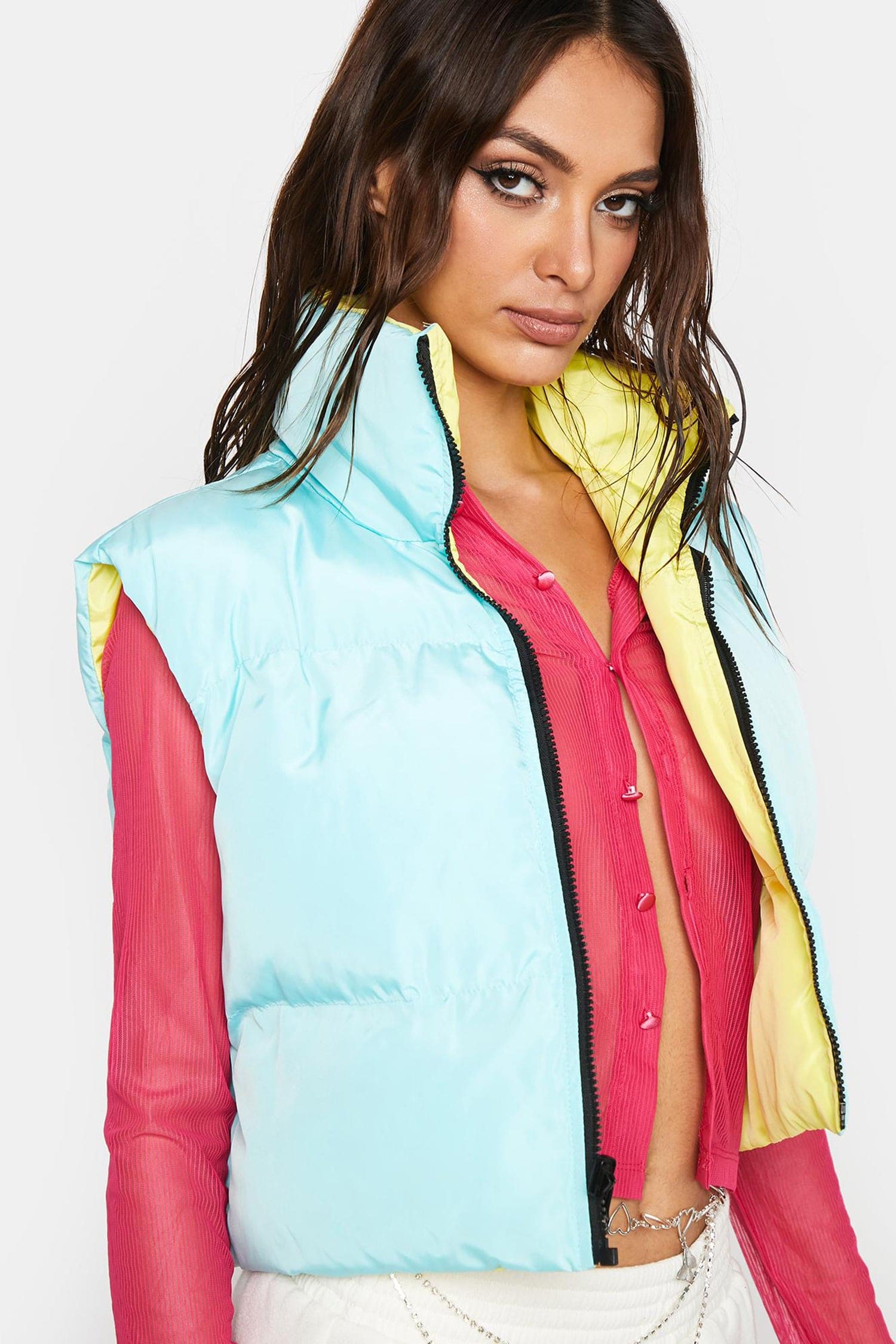 Womens Blue Reversible Cropped Puffer Vest / S Vests