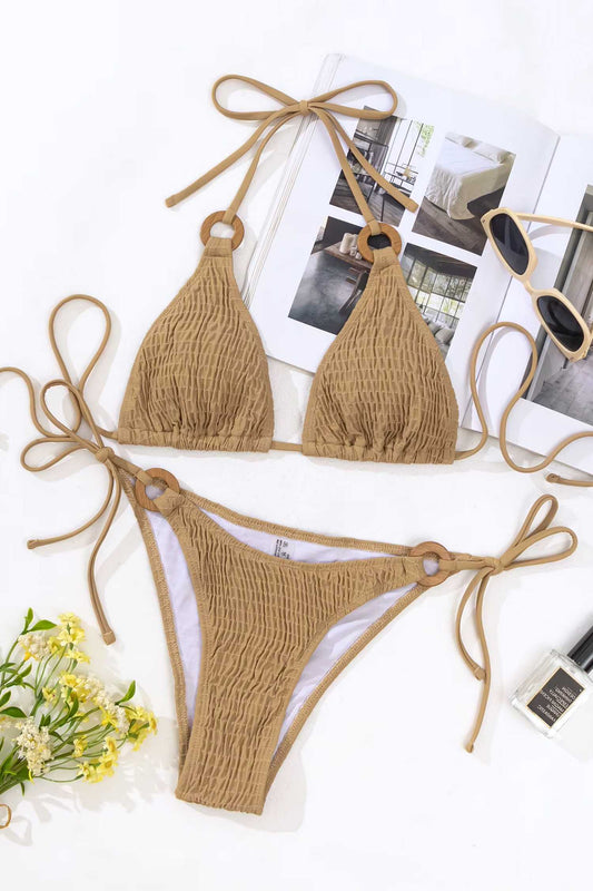 Beige Smocked Tie Side Bikini Set