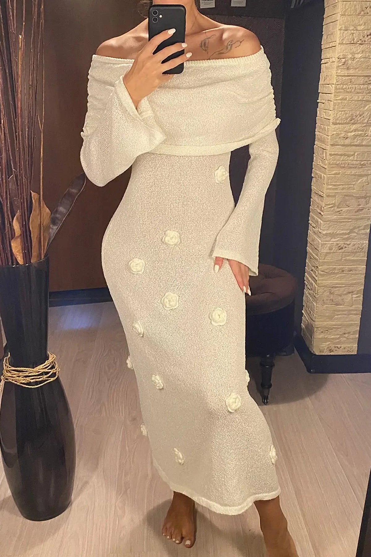 White Off Shoulder Knit Maxi Dress with 3D Floral Appliqués
