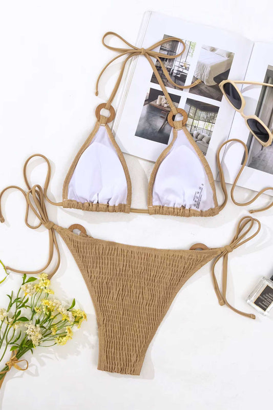 Beige Smocked Tie Side Bikini Set