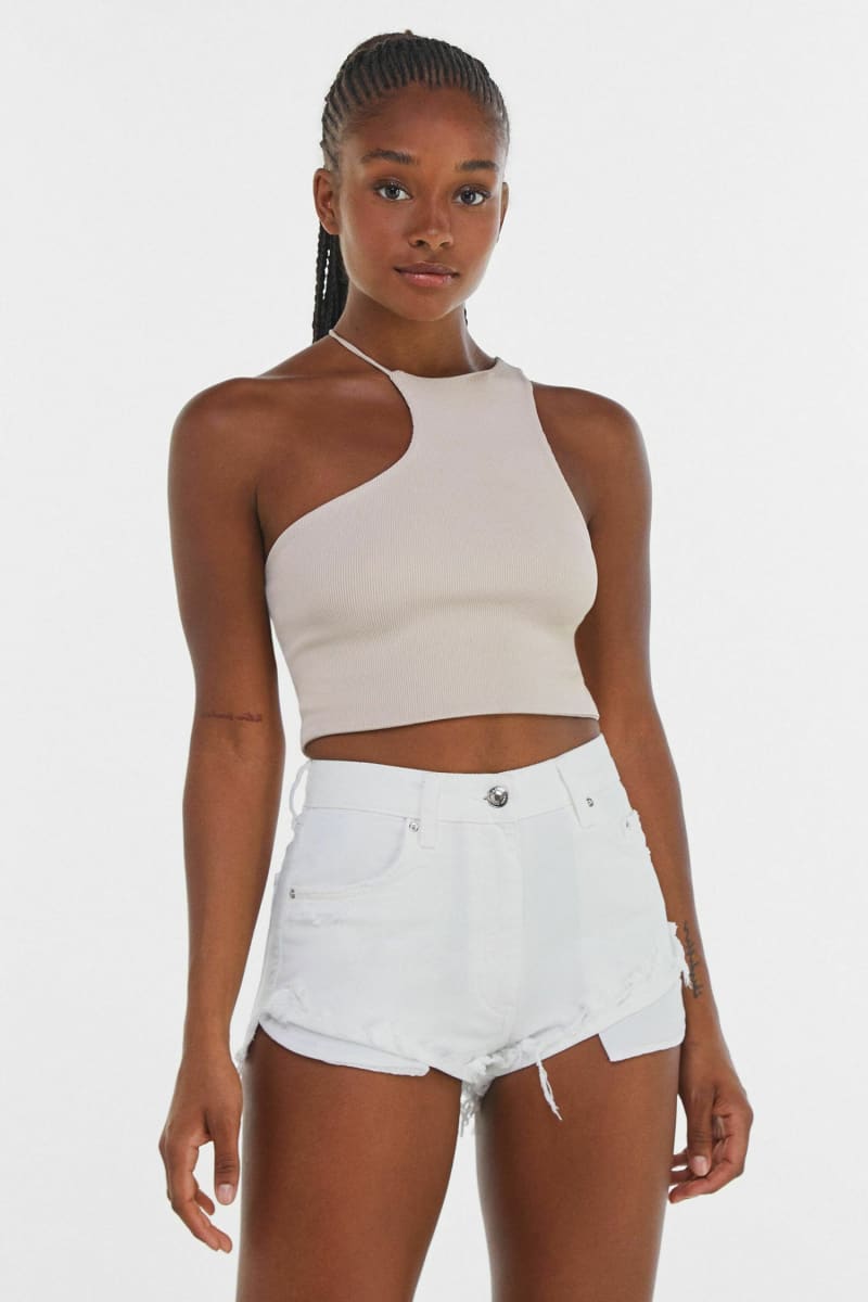 Beige Asymmetrical Halter One Shoulder Crop Top Shirts & Tops