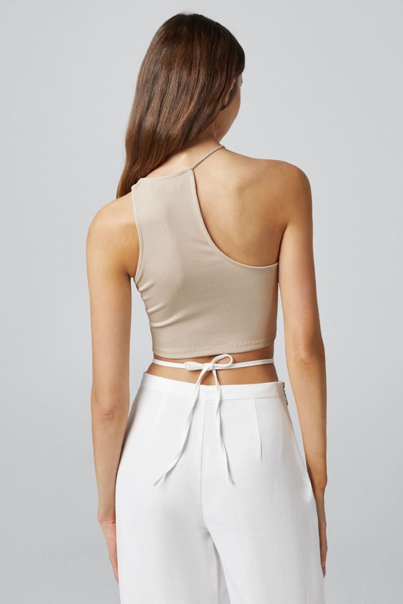 Beige Asymmetrical Halter One Shoulder Crop Top Shirts & Tops