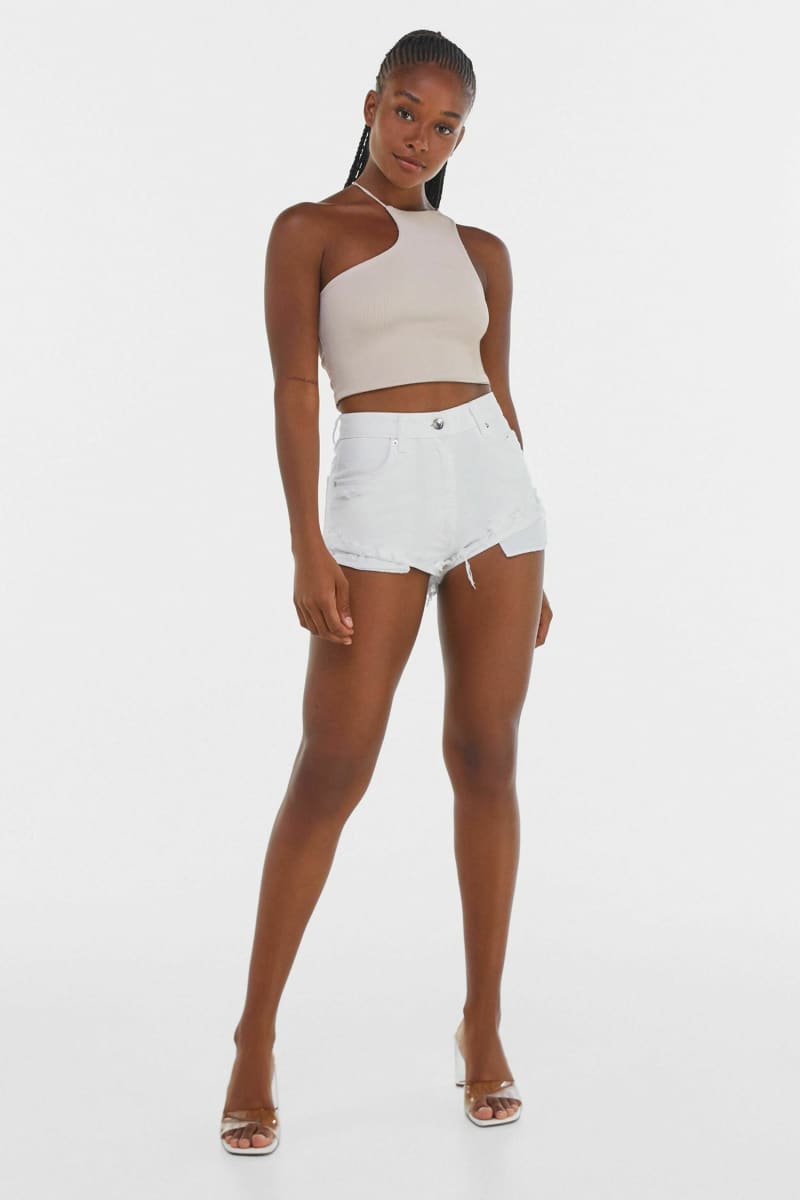 Beige Asymmetrical Halter One Shoulder Crop Top Shirts & Tops