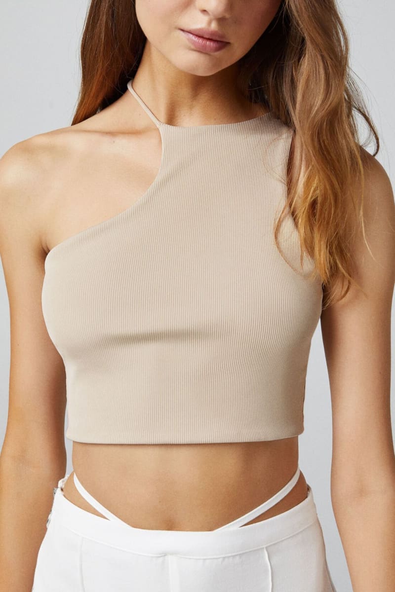 Beige Asymmetrical Halter One Shoulder Crop Top Shirts & Tops