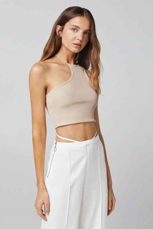 Beige Asymmetrical Halter One Shoulder Crop Top Shirts & Tops