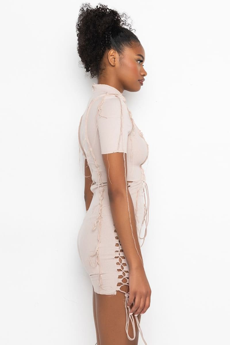 Beige Lace Up Short Sleeve Contrast Stitch Romper IRHAZ Beige Lace Up Short Sleeve Contrast Stitch Romper IRHAZ
