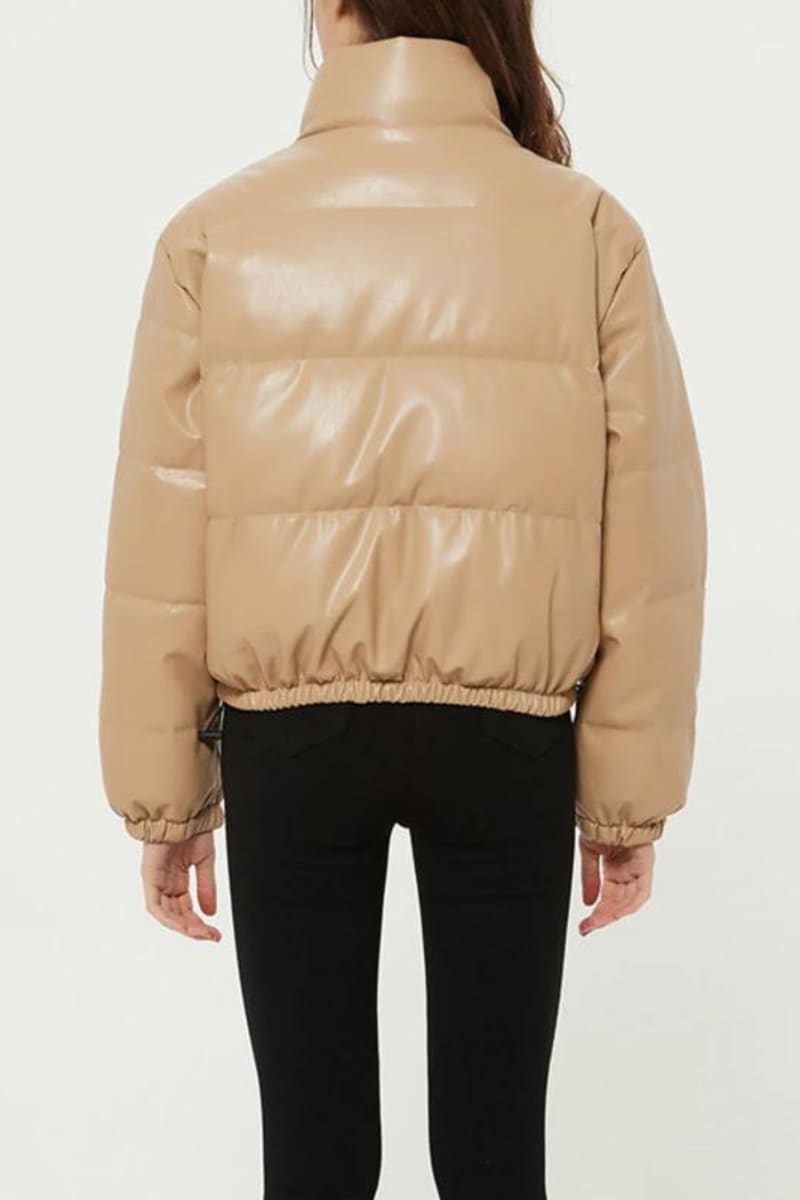 Beige Puffer Windbreaker Faux Leather Crop Jacket Coats & Jackets